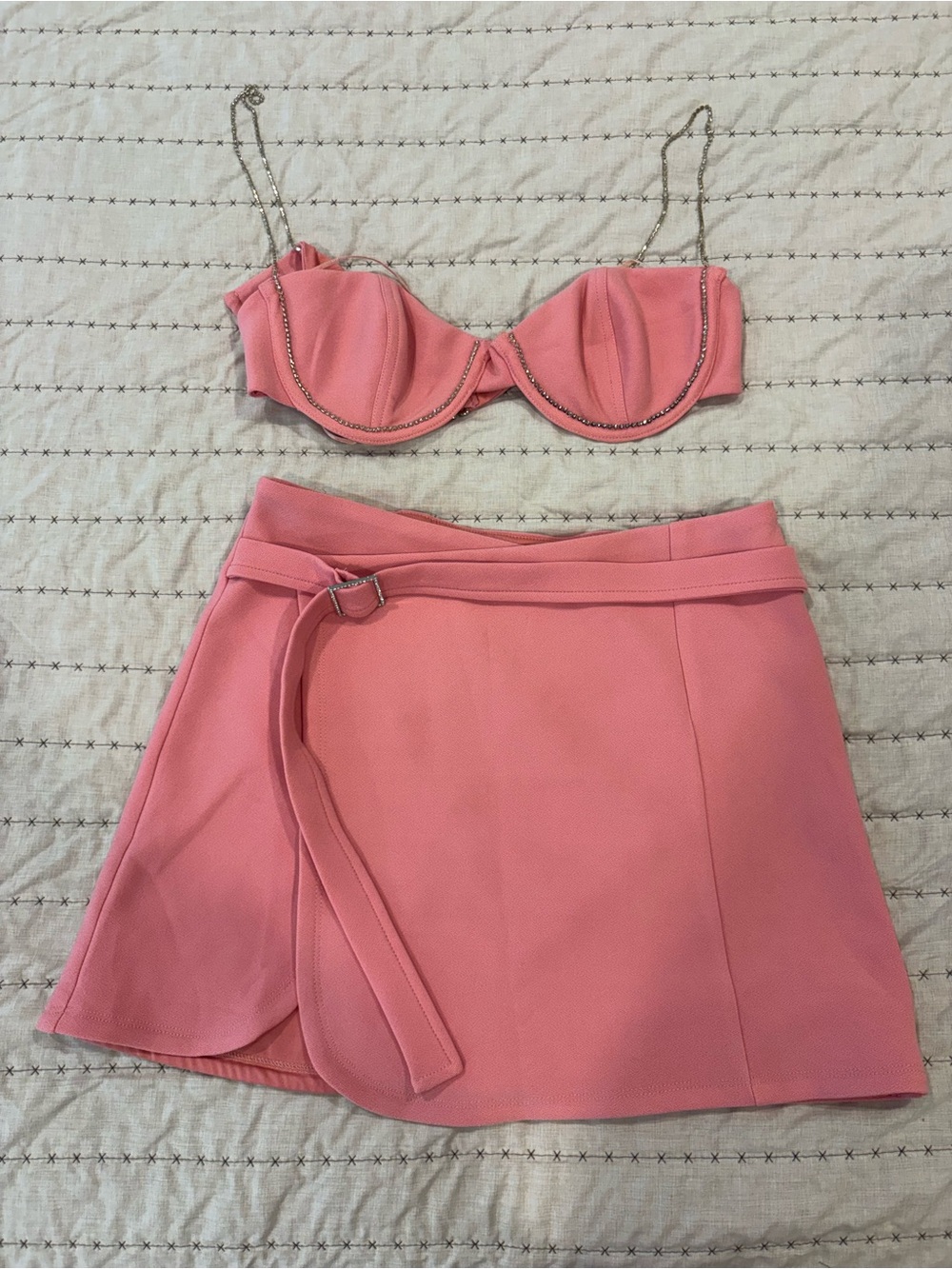 White Fox Boutique Rose Pink Wrap Mini Skirt Set with Chain-Strap Bralette